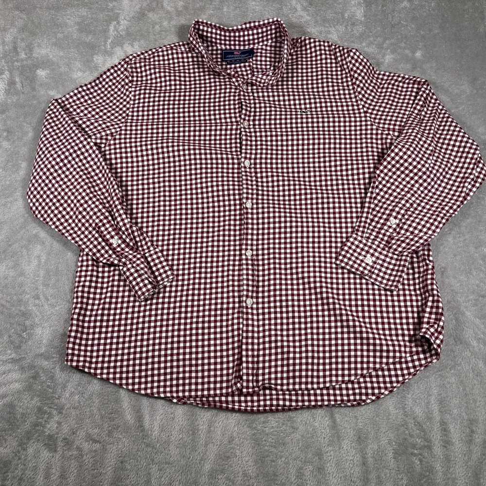Vineyard Vines Shirt Mens XL Red White Gingham Slim Fit Whale Cotton Button Down